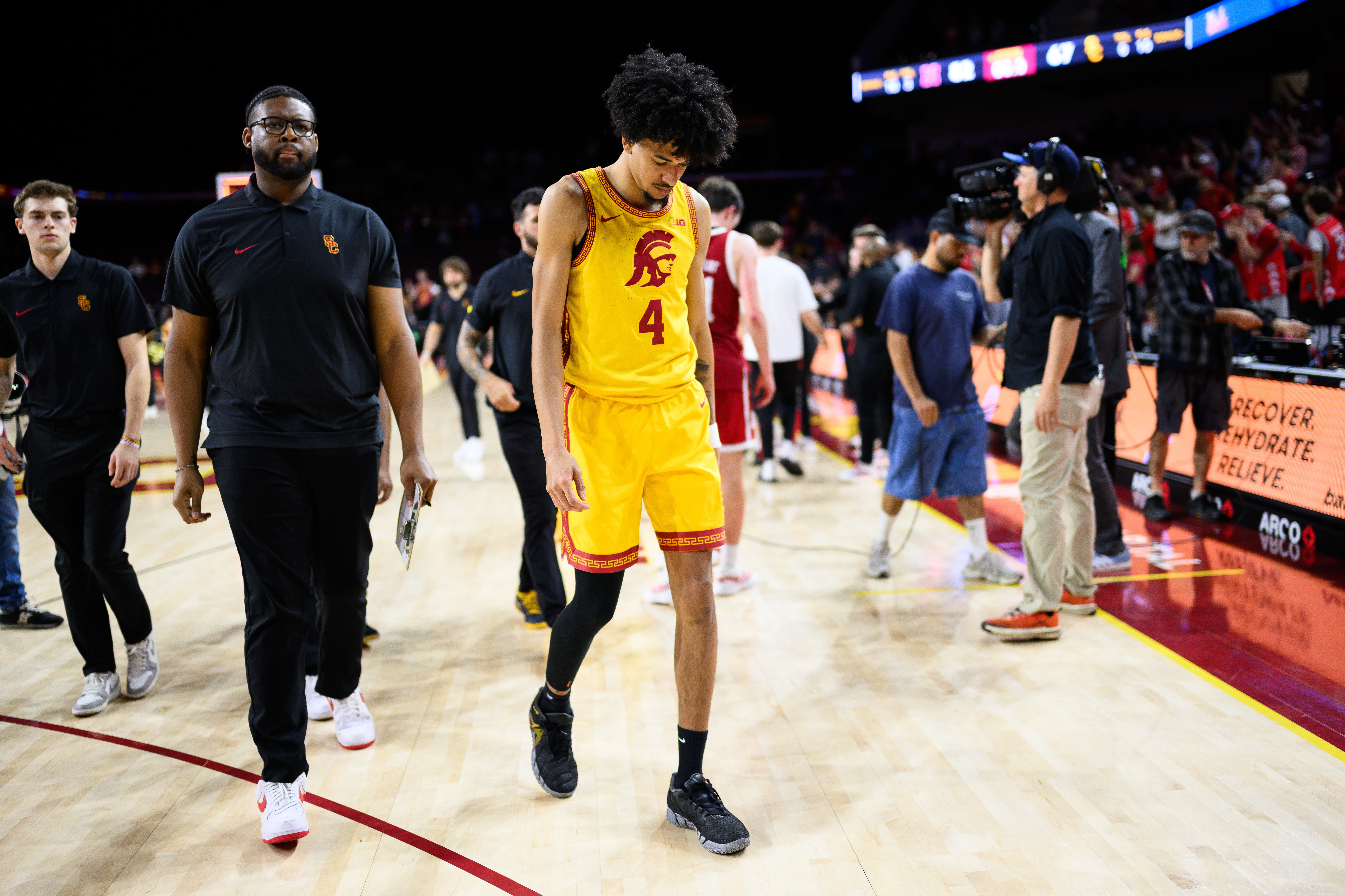 Southern California forward Chad Baker-Mazara (4) leaves the court after an NCAA college basketball game against Nebraska, Saturday, Feb. 28, 2026, in Los Angeles. 