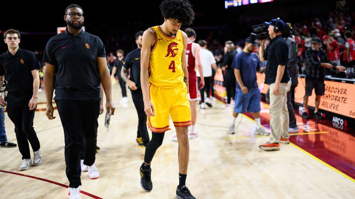 Southern California forward Chad Baker-Mazara (4) leaves the court after an NCAA college basketball game against Nebraska, Saturday, Feb. 28, 2026, in Los Angeles.