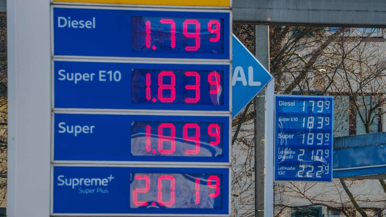 Petrol prices are displayed at a filling station in Frankfurt, Germany, Monday.
