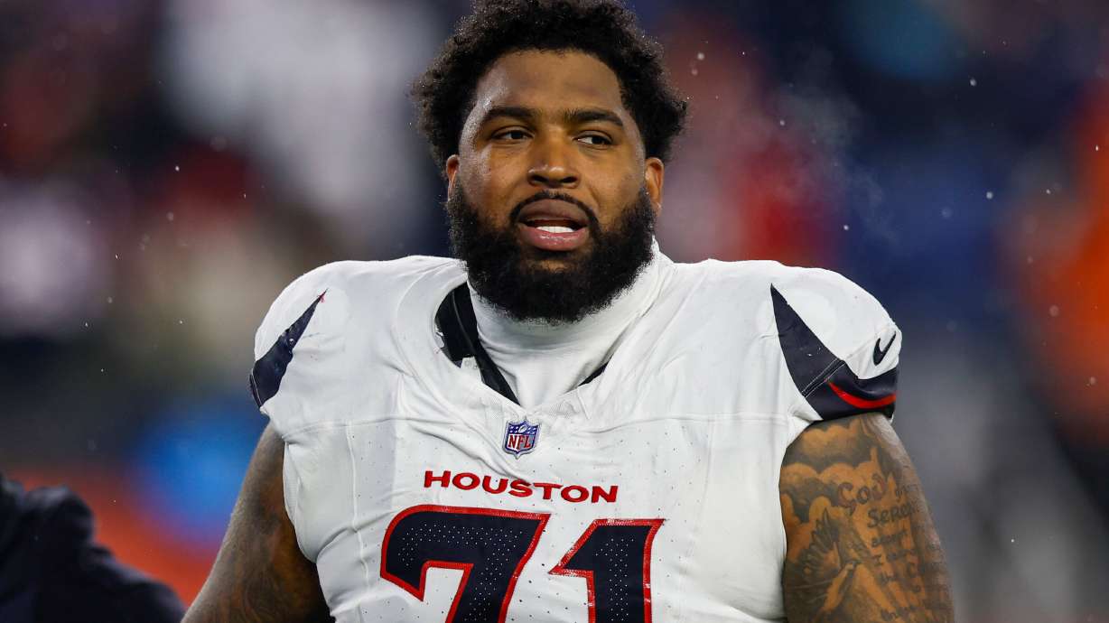 Houston Texans offensive tackle Tytus Howard (71) reacts during the first half of an NFL divisional playoff football game against the New England Patriots, Sunday, Jan. 18, 2026, in Foxborough, Mass.