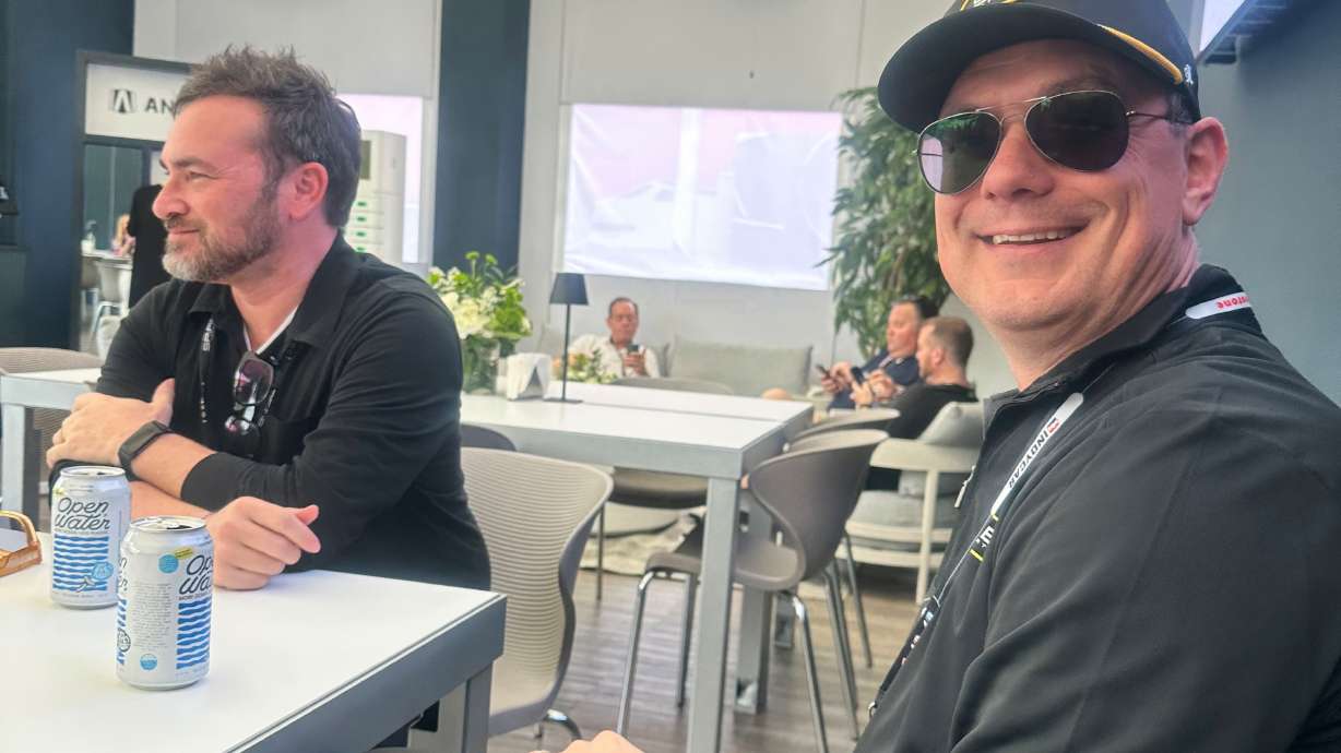 Former Joe Gibbs Racing competition director Chris Gabehart, right, and Spire co-owner Jeff Dickerson are pictured Saturday Feb. 28, 2026, at the IndyCar race in St. Petersburg, Fla.