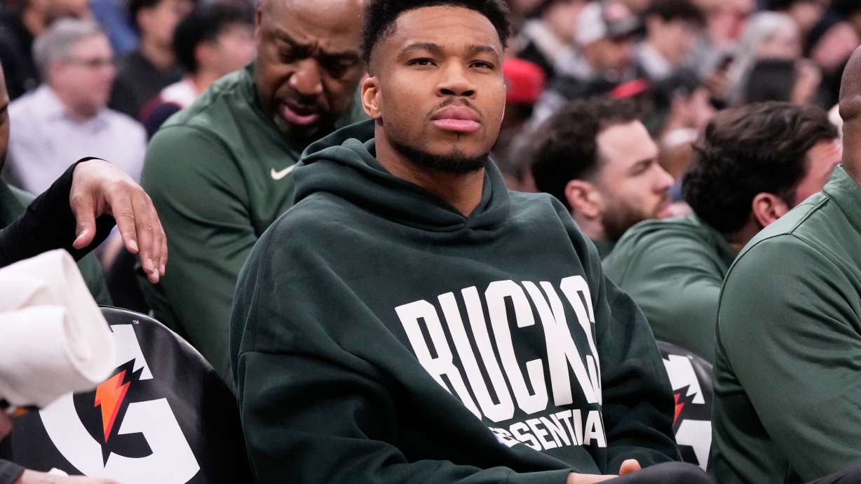 Milwaukee Bucks forward Giannis Antetokounmpo watches teammates during the first half of an NBA basketball game against the Chicago Bulls in Chicago, Sunday, March 1, 2026.