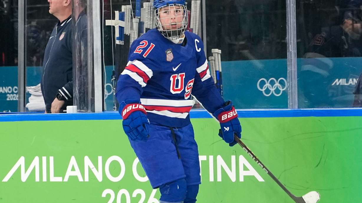 United States' Hilary Knight (21) celebrates after scoring her side's opening goal during a women's ice hockey gold medal game between the United States and Canada at the 2026 Winter Olympics, in Milan, Italy, Thursday, Feb. 19, 2026.