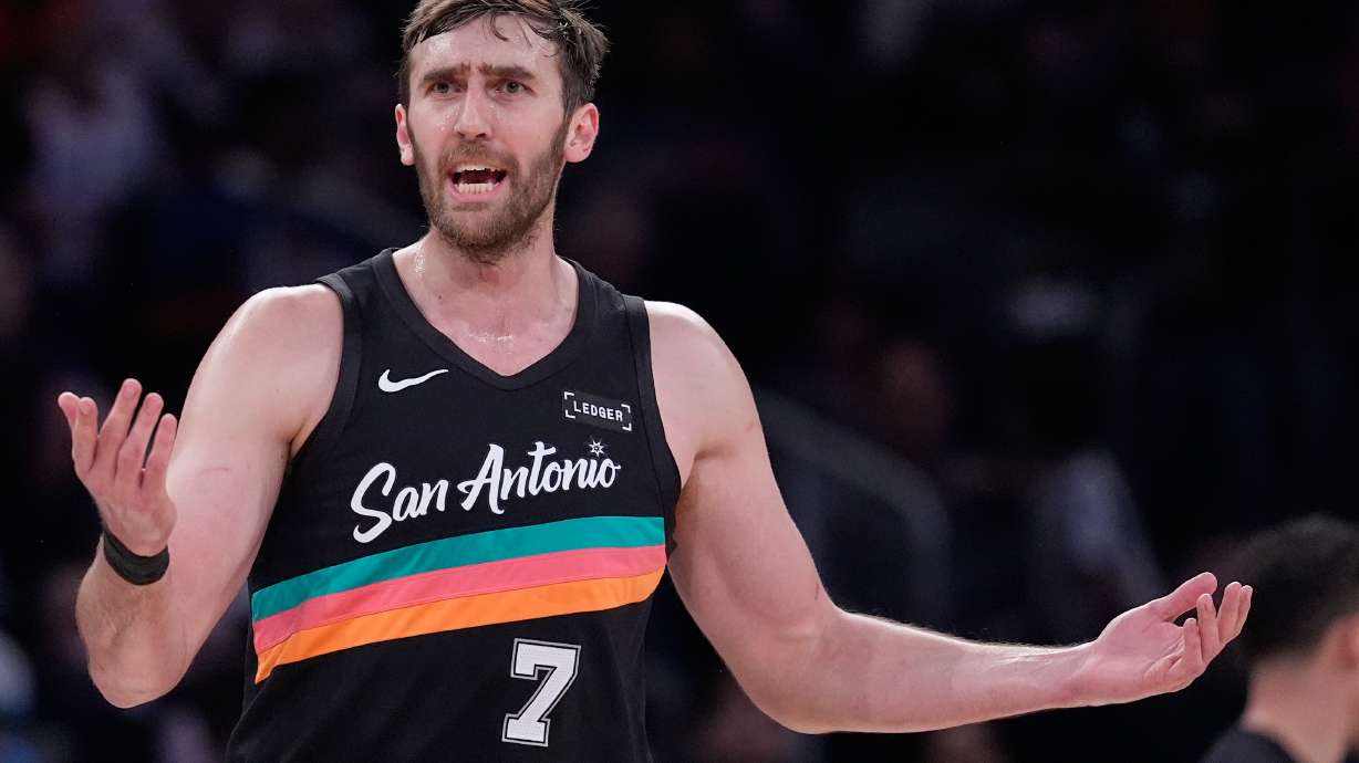 San Antonio Spurs' Luke Kornet reacts to a call during the first half of an NBA basketball game against the New York Knicks Sunday, March 1, 2026, in New York.