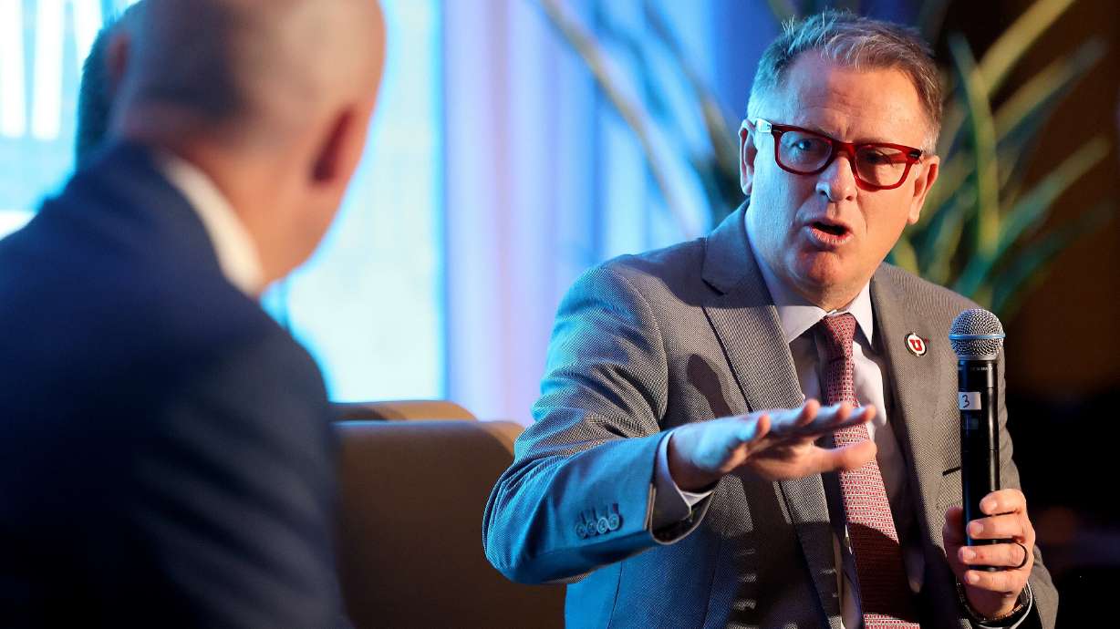 University of Utah President Taylor Randall speaks on a panel discussion about “Turning Rivalry Into the Right Results” with BYU President Shane Reese and Gov. Spencer Cox at the Hyatt Regency Salt Lake City in Salt Lake City on Nov. 17, 2025.