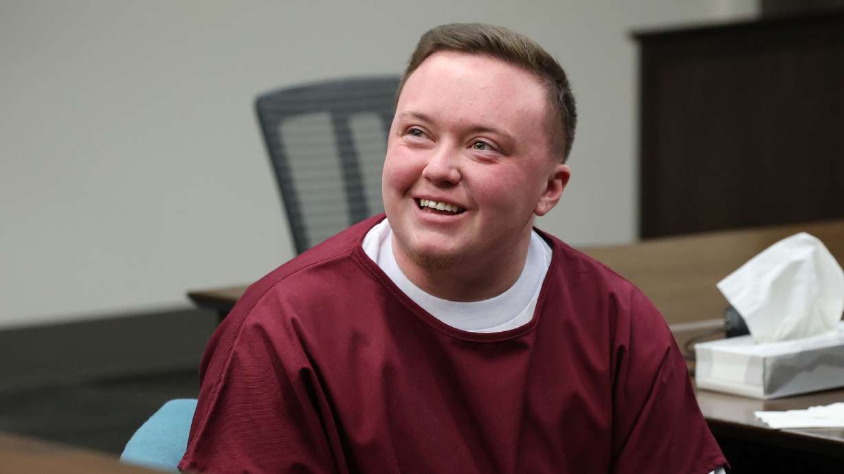 Meagan Grunwald smiles while talking with shooting victim Corey Wride’s widow, Nanette Wride Zeeman, after her Utah Board of Pardons parole hearing on Dec. 9, 2025. Grunwald will be released from prison next month.