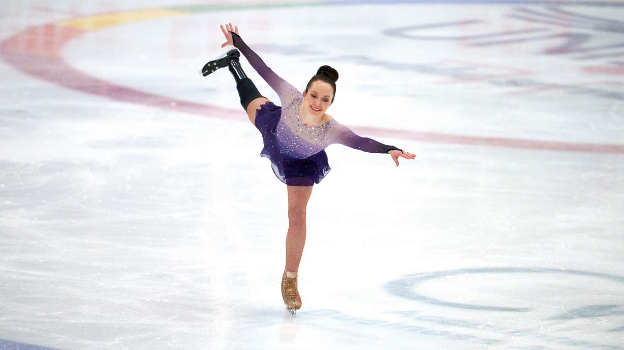 Stef Reid, a former Paralympic athlete who now does figure skating, competes in the British Adult Figure Skating Championships in Sheffield, England, Friday, Feb. 6, 2026.