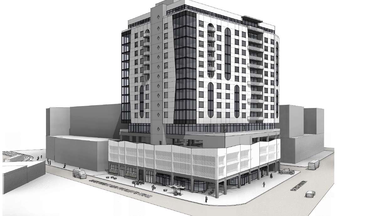 A rendering of GEM Sugar House, a proposed 16-story tower at 2200 S. Highland Drive. The project design will go before the Salt Lake City Planning Commission at an undetermined time before potentially moving forward.