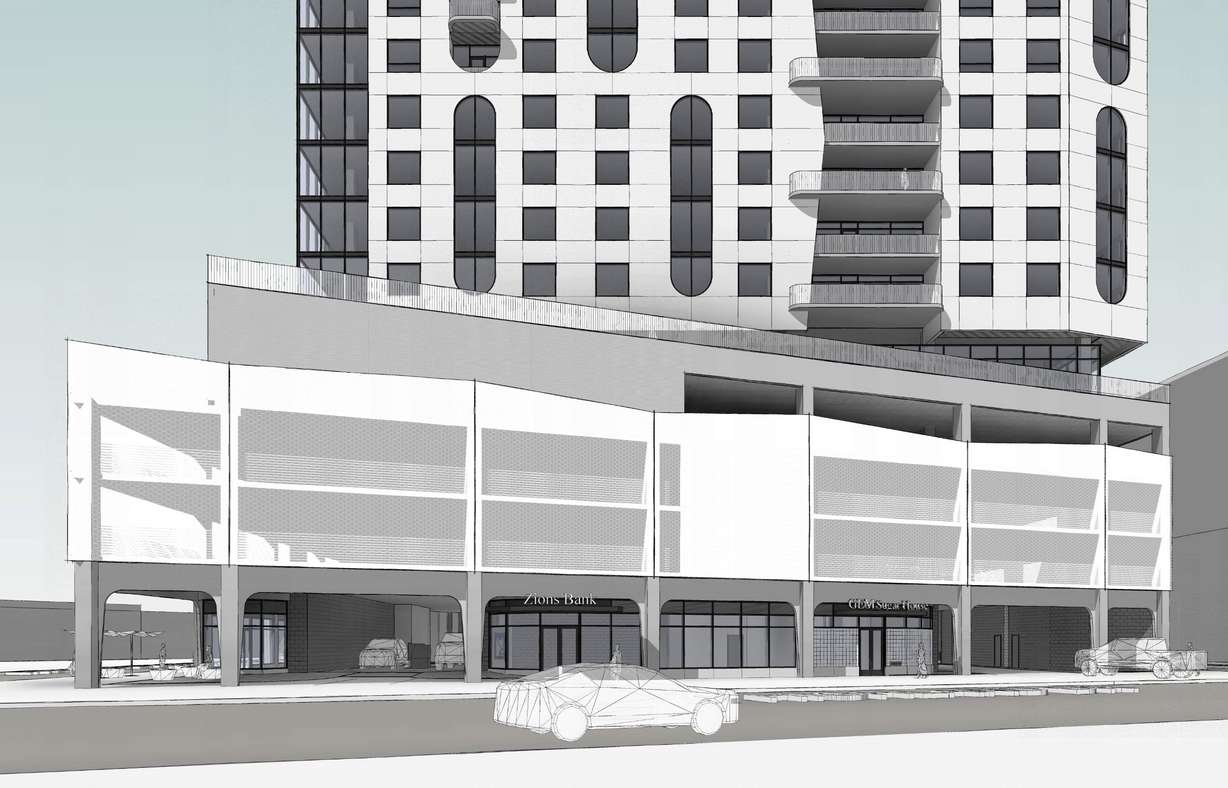 A rendering of what the front facade of GEM Sugar House would look like, including a ground-floor location for Zions Bank. The bank owns the land, which is home to a branch location.