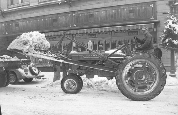 Snow removal in downtown Idaho Falls. The year of the photo is unknown.