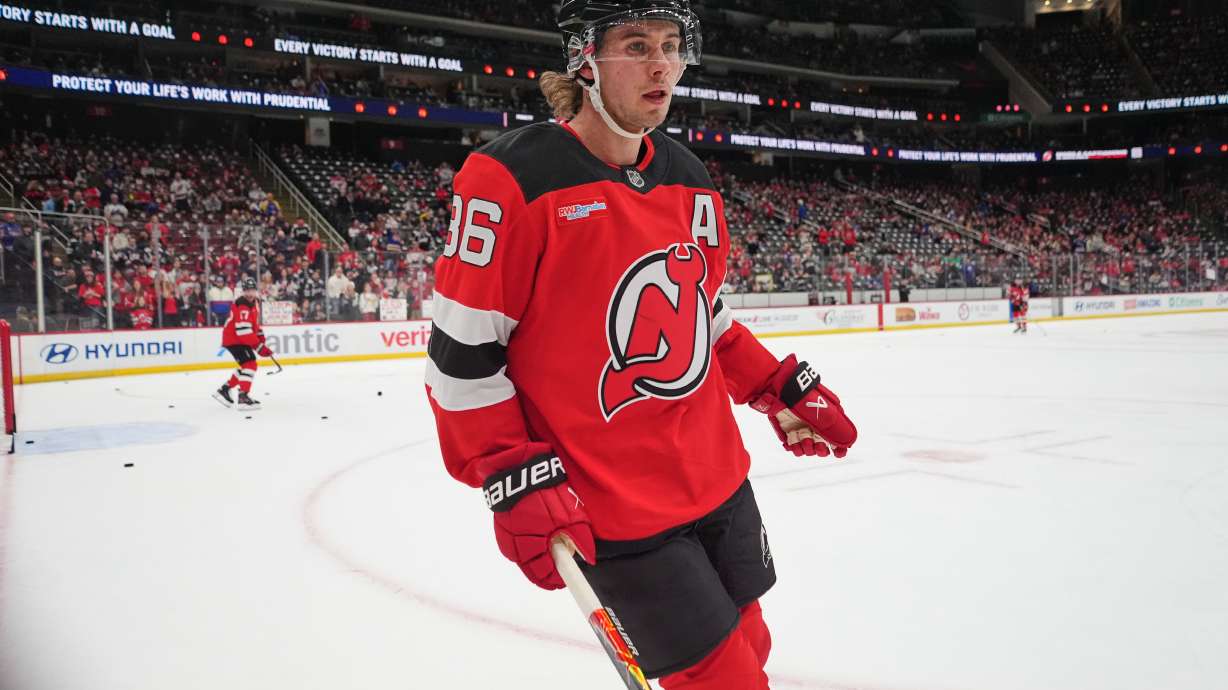 New Jersey Devils' Jack Hughes (86) leaves the ice before an NHL hockey game against the Buffalo Sabres Wednesday, Feb. 25, 2026, in Newark, N.J.