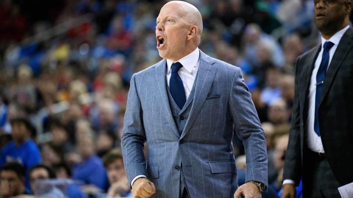 UCLA head coach Mick Cronin reacts during the first half of an NCAA college basketball game against Nebraska, Tuesday, March 3, 2026, in Los Angeles.