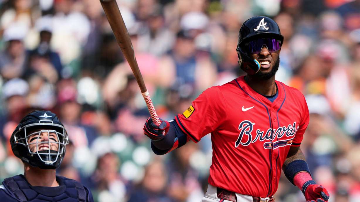 FILE - Atlanta Braves' Jurickson Profar reacts after fouling off a pitch during the fifth inning of a baseball game against the Detroit Tigers, Saturday, Sept. 20, 2025, in Detroit.