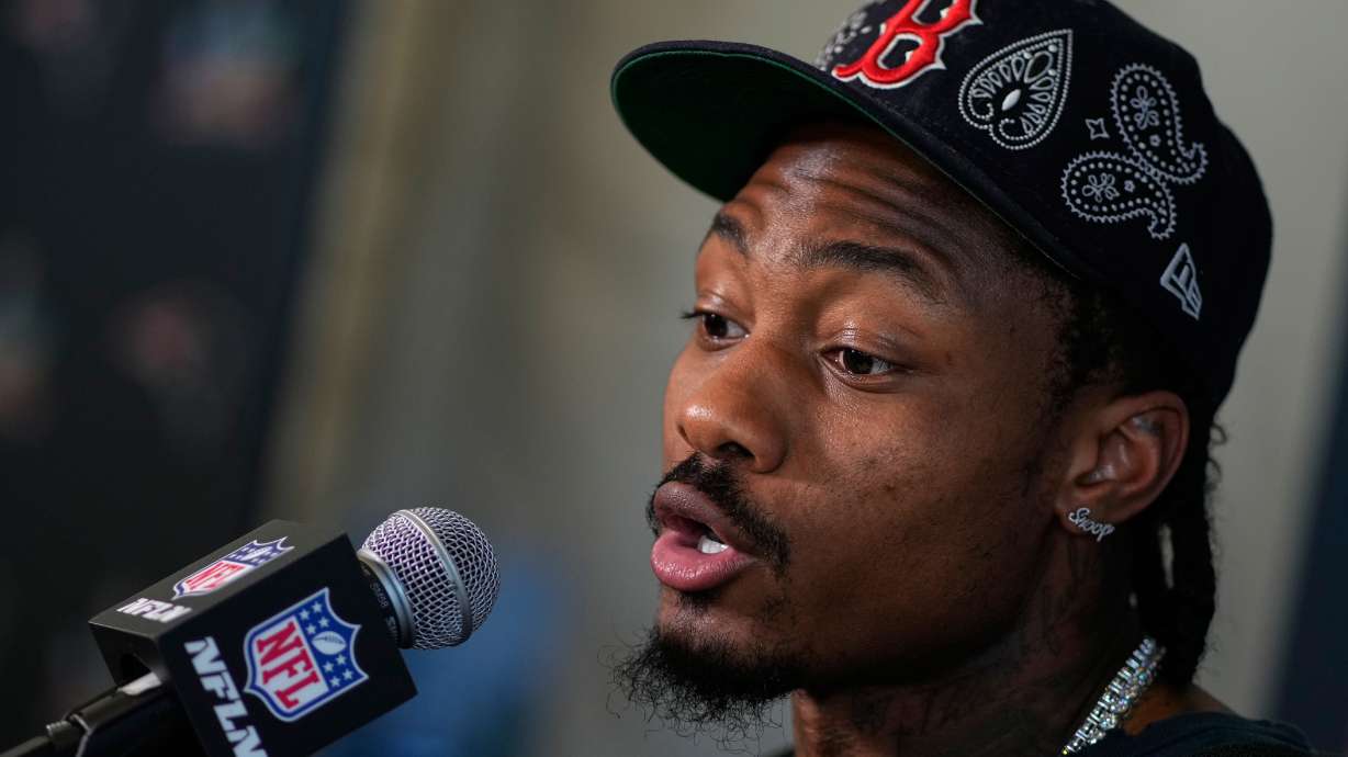 New England Patriots wide receiver Stefon Diggs talks to the media during a news conference Thursday, Feb. 5, 2026, in Santa Clara, Calif., ahead of the Super Bowl 60 NFL football game between the New England Patriots and the Seattle Seahawks.