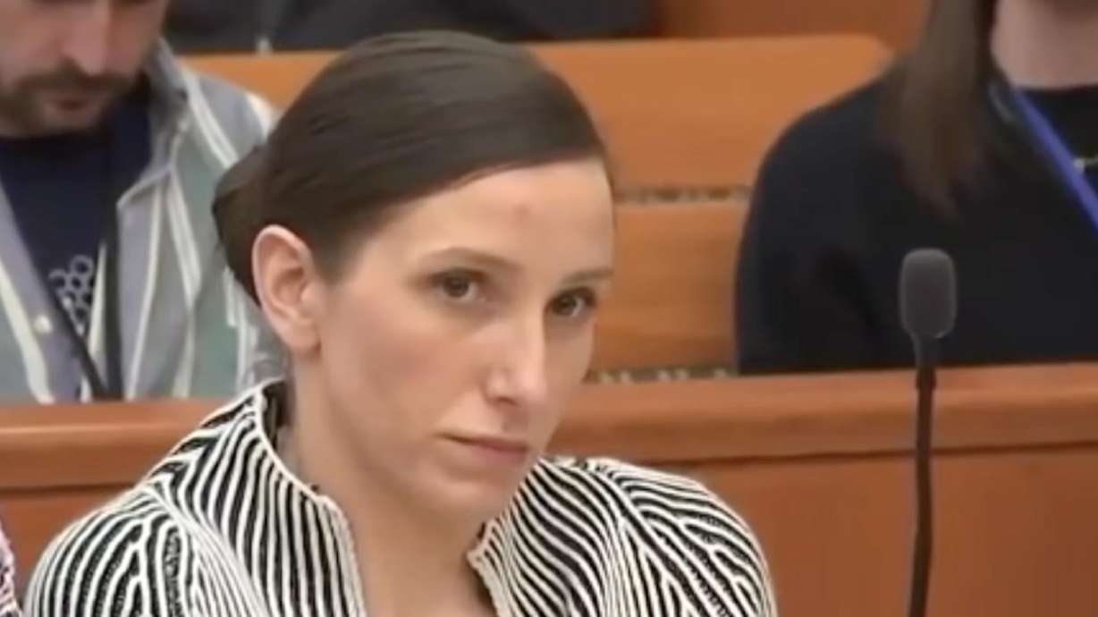 Kouri Richins listens to the testimony from her former boyfriend, Josh Grossman, during her jury trial on Wednesday. She is accused of fatally poisoning her husband.