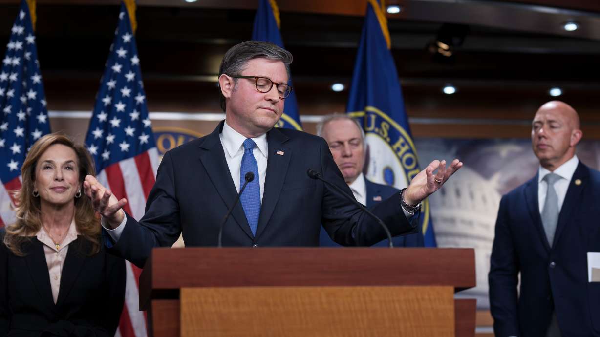 Speaker of the House Mike Johnson, R-La., gestures as he and the GOP leadership talk about the war against Iran, during a news conference at the Capitol in Washington, Wednesday.
