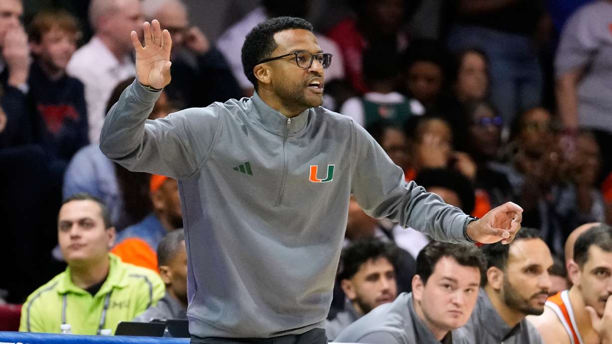 Miami head coach Jai Lucas reacts to play in the second half of an NCAA college basketball game against SMU in Dallas, Wednesday, March 4, 2026.