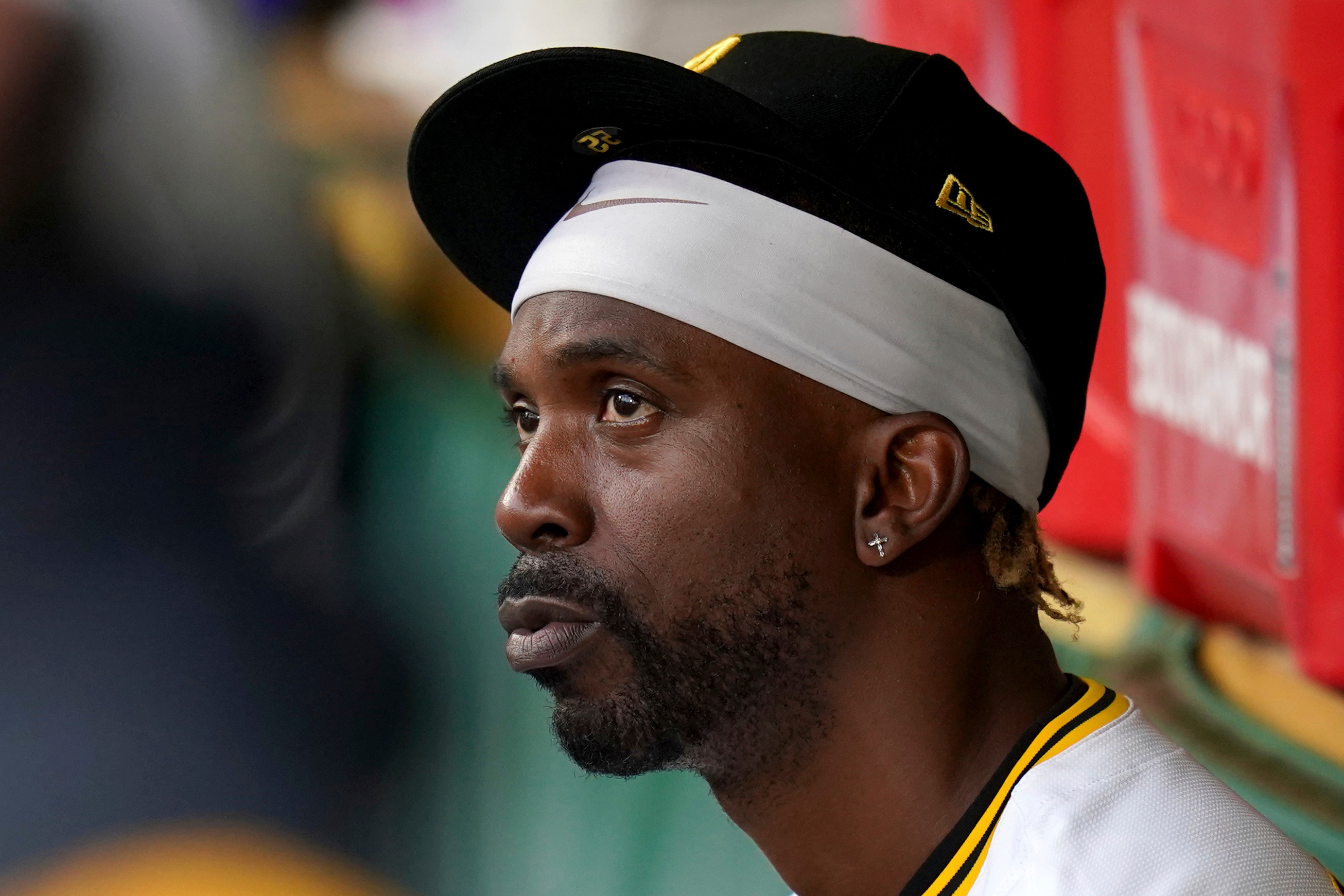 FILE - Pittsburgh Pirates' Andrew McCutchen sits in the dugout before a baseball game against the Milwaukee Brewers, Sept. 6, 2025, in Pittsburgh. 