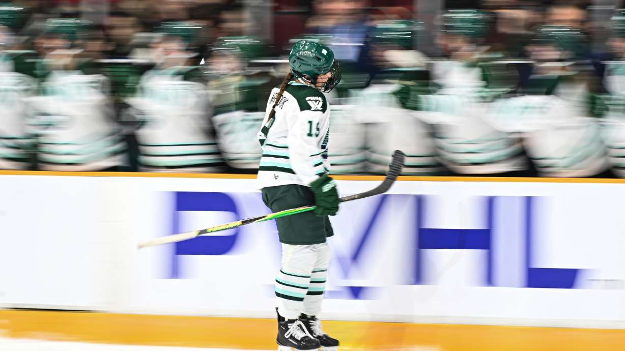 Boston Fleet's Abby Newhook (19) celebrates her goal with teammates during the first period of an PWHL hockey game in Ottawa, Saturday, Feb. 28, 2026.