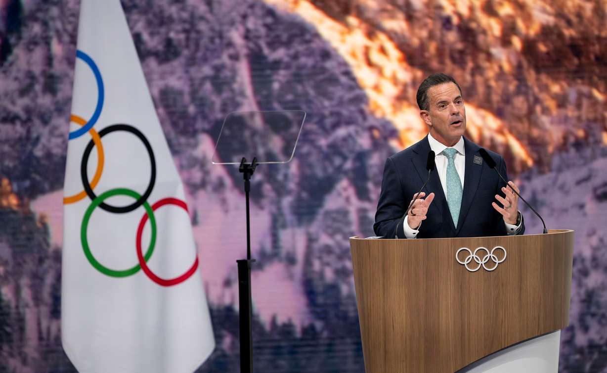 Brad Wilson, CEO of the Organizing Committee for the 2034 Olympic and Paralympic Winter Games, speaks to the IOC during Utah’s presentation in Milan, Italy, on Tuesday, Feb. 3, 2026.
