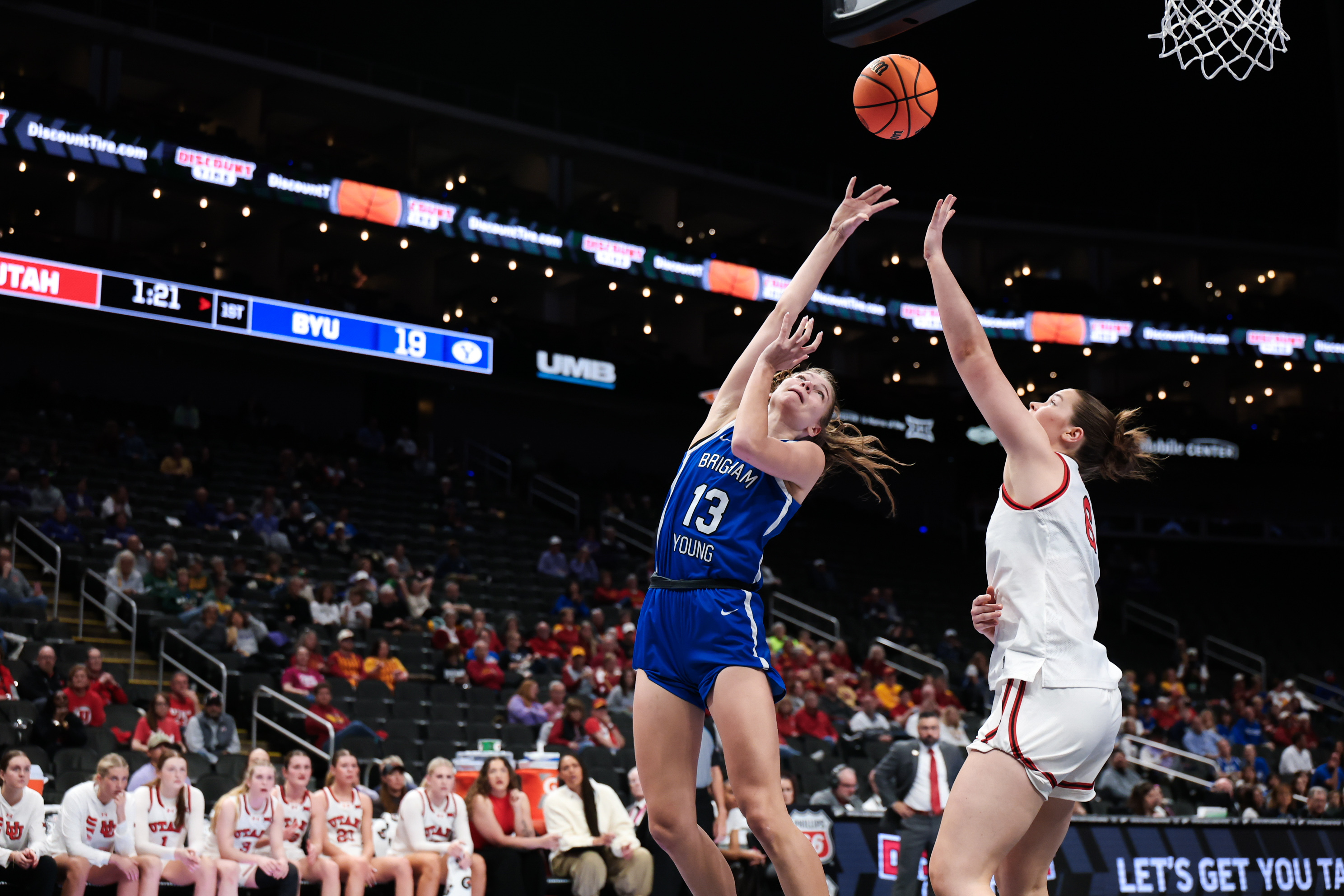 BYU and Utah compete in a second-round matchup of the Big 12 women's basketball tournament in Kansas City, Missouri, on March 5, 2026.