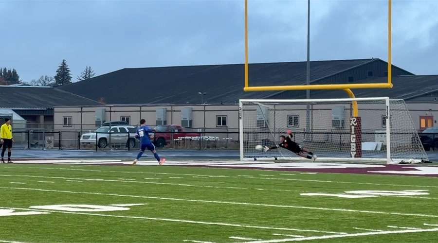 Kirby Martinez playing goalie for Teton High School in Driggs, Idaho. Martinez will travel to the Rome City Institute starting in September on a scholarship to play soccer.