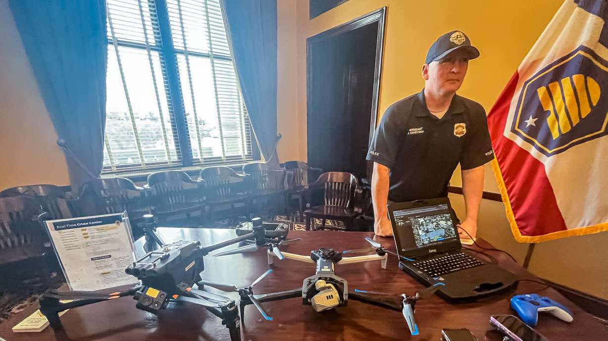 Salt Lake City Police Sgt. Joshua Ashdown demonstrates the department's drone fleet during a celebration of Salt Lake City's 175th birthday at the Utah Capitol on Thursday. The drones are part of new technologies police have adopted over time.
