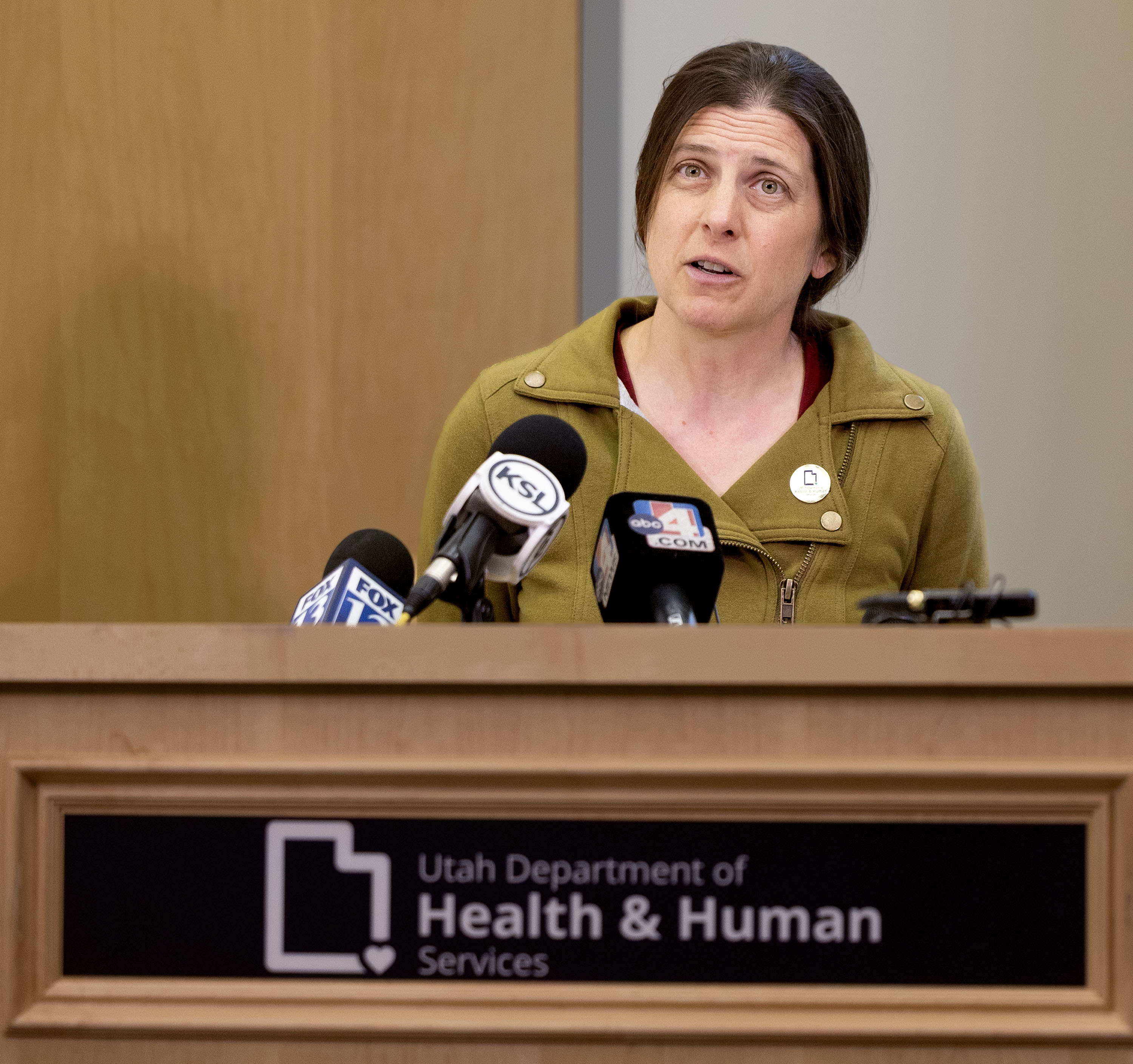 Dr. Leisha Nolen, Utah state epidemiologist with the Utah Department of Health and Human Services, speaks to reporters concerning the surging cases of measles in Utah at the Multi-Agency State Office Building in Salt Lake City on Thursday.