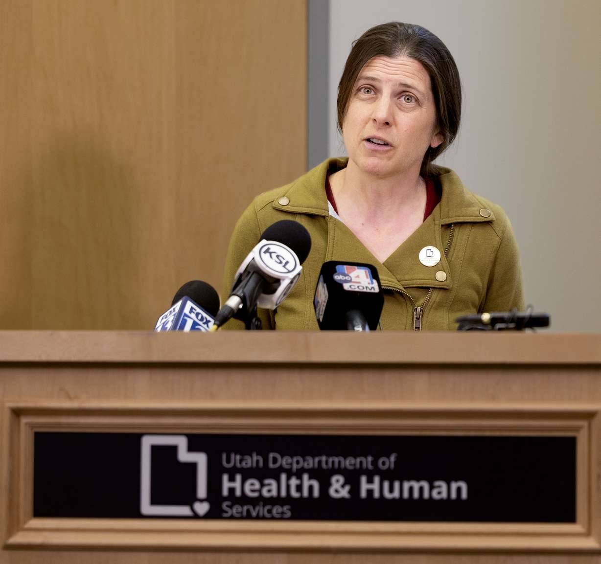 Dr. Leisha Nolen, Utah state epidemiologist with the Utah Department of Health and Human Services, speaks to reporters concerning the surging cases of measles in Utah at the Multi-Agency State Office Building in Salt Lake City on Thursday.