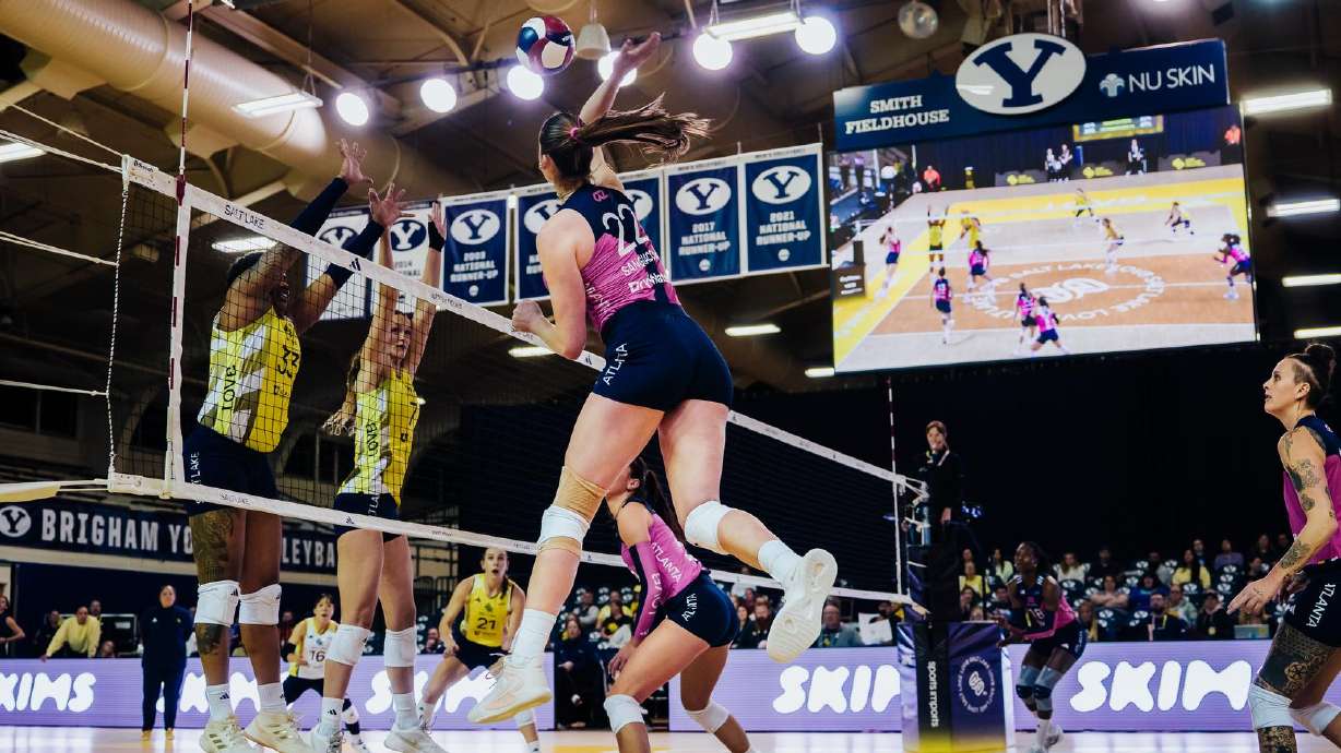 LOVB Atlanta and LOVB Salt Lake play in a League One Volleyball match at the Smith Fieldhouse at BYU, Thursday, May 5, 2026 in Provo, Utah.