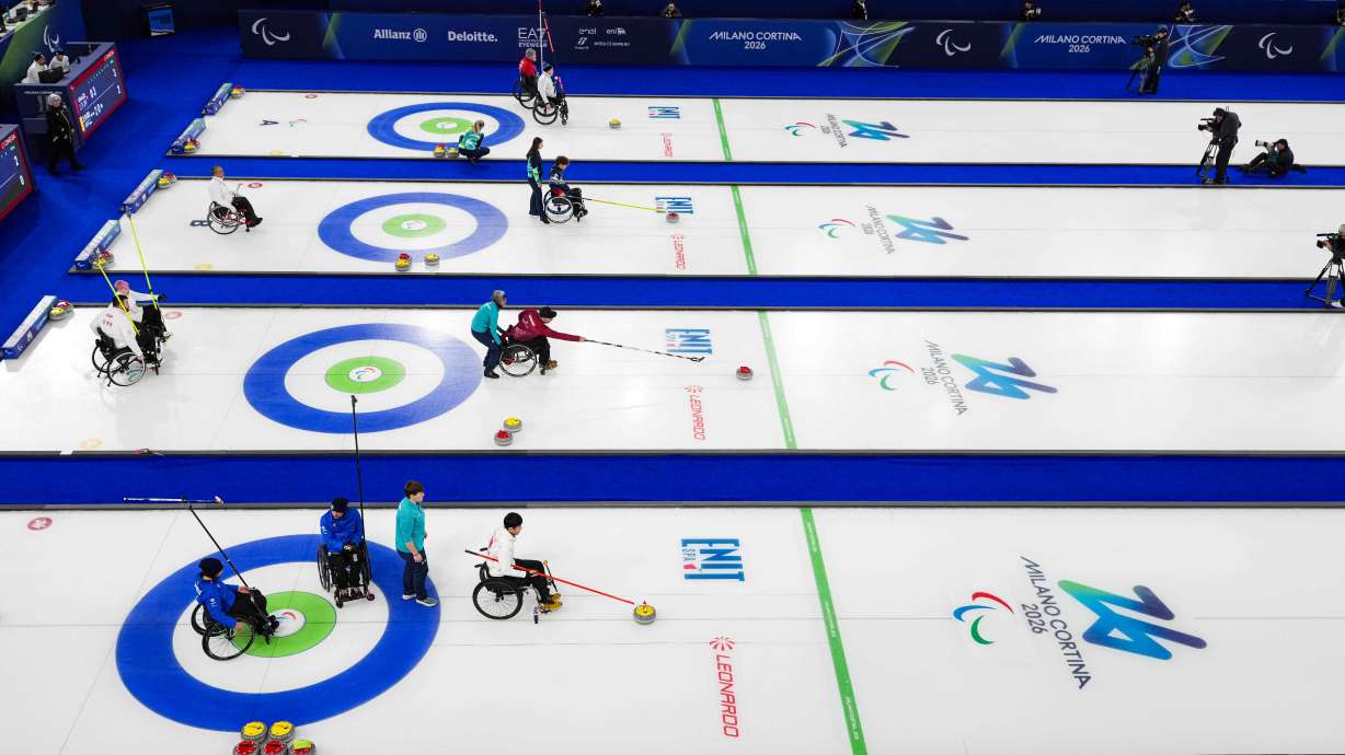 Athletes compete during wheelchair curling mixed doubles matches at the 2026 Winter Paralympics, in Cortina d'Ampezzo, Italy, Thursday, March 5, 2026.