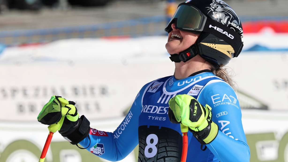 Italy's Laura Pirovano celebrates at the finish area of an alpine ski, women's World Cup downhill, in Val di Fassa, Italy, Friday, February. 27, 2026.