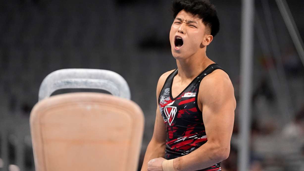 FILE -Yul Moldauer celebrates after competing on the pommel horse during the U.S. gymnastics championships June 1, 2024, in Fort Worth, Texas.