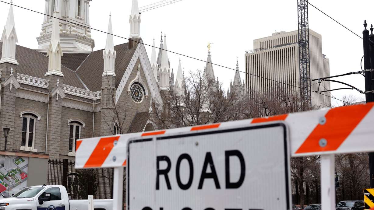 Construction on South Temple progresses in Salt Lake City on March 5. The Salt Lake City Council passed an ordinance Tuesday that will temporarily close a few downtown road segments in 2027 due to the Salt Lake Temple open house.