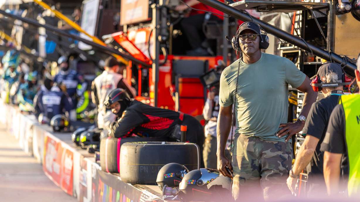 23XI Racing's team co-owner Michael Jordan watches the final laps by Tyler Reddick during a NASCAR Cup Series auto race in Austin, Texas, Sunday, March 1, 2026.
