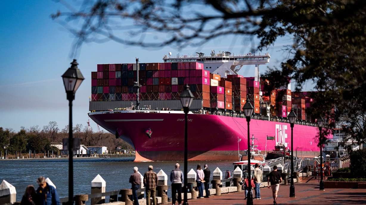The Ocean Network Express container vessel, originally from Japan, floats on the Savannah River on Feb. 12 in Savannah, Georgia.