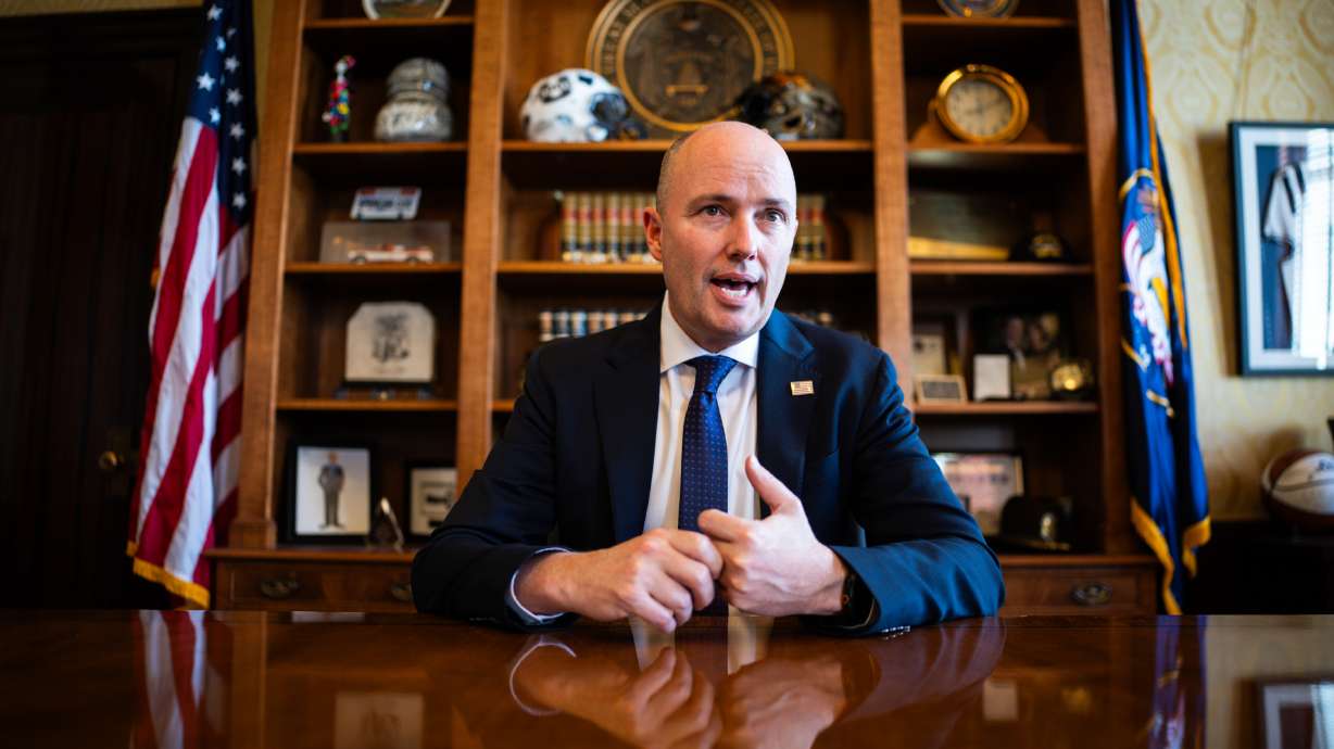 Gov. Spencer Cox speaks during an interview on the last day of the legislative session with the Deseret News at the Capitol's Formal Office in Salt Lake City on Friday.