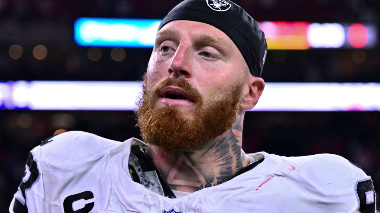 FILE - Las Vegas Raiders defensive end Maxx Crosby (98) looks on after an NFL football game against the Houston Texans, Sunday, Dec. 21, 2025, in Houston.