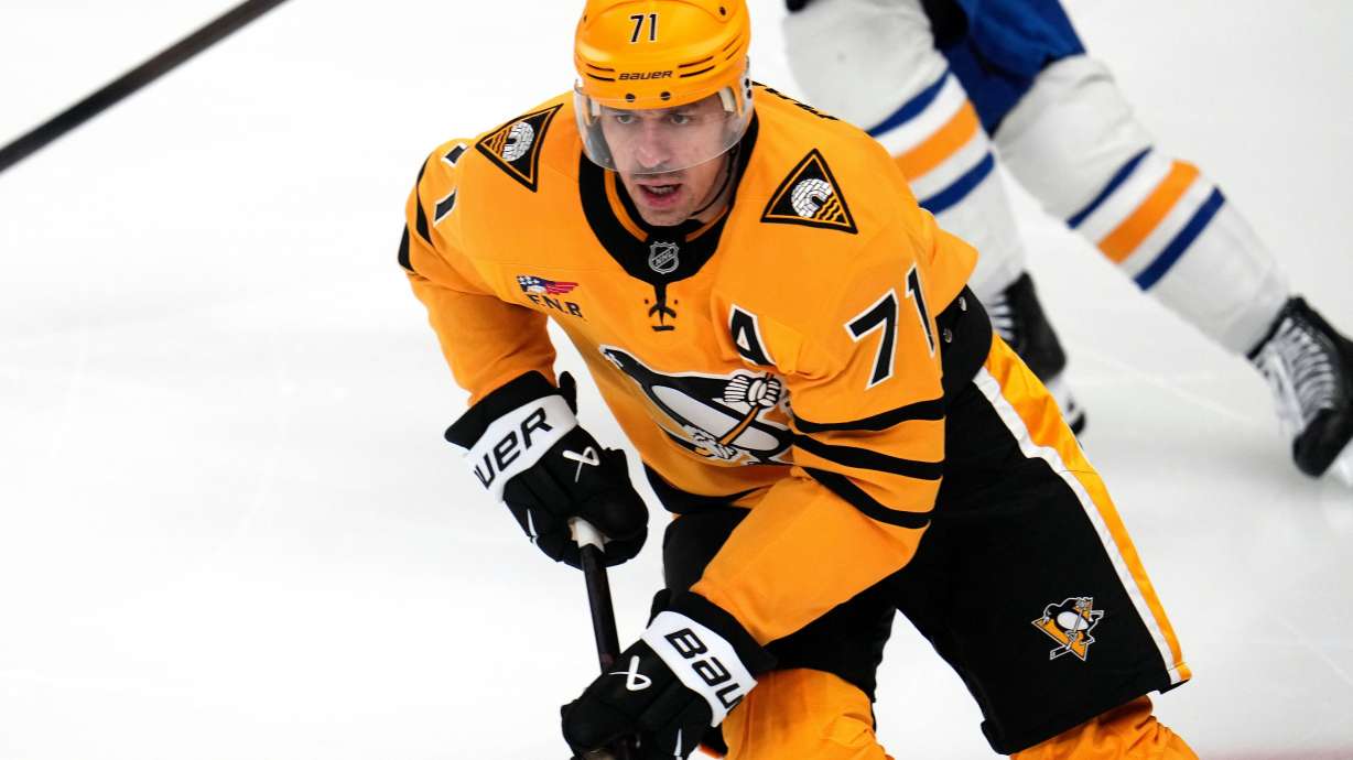 Pittsburgh Penguins' Evgeni Malkin (71) skates during the first period of an NHL hockey game against the Buffalo Sabres in Pittsburgh, Thursday, March 5, 2026.