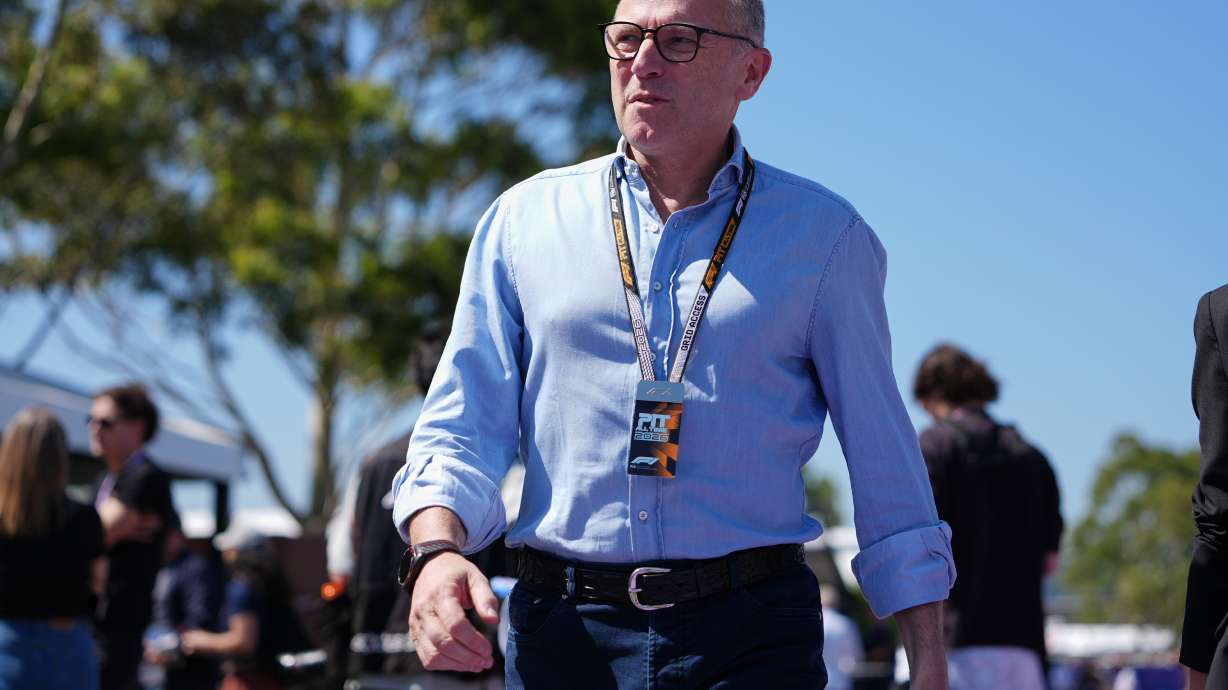 Stefano Domenicali walks down the F1 Paddock ahead of the Australian Formula One Grand Prix at Albert Park, in Melbourne, Australia, Thursday, March 5, 2026.