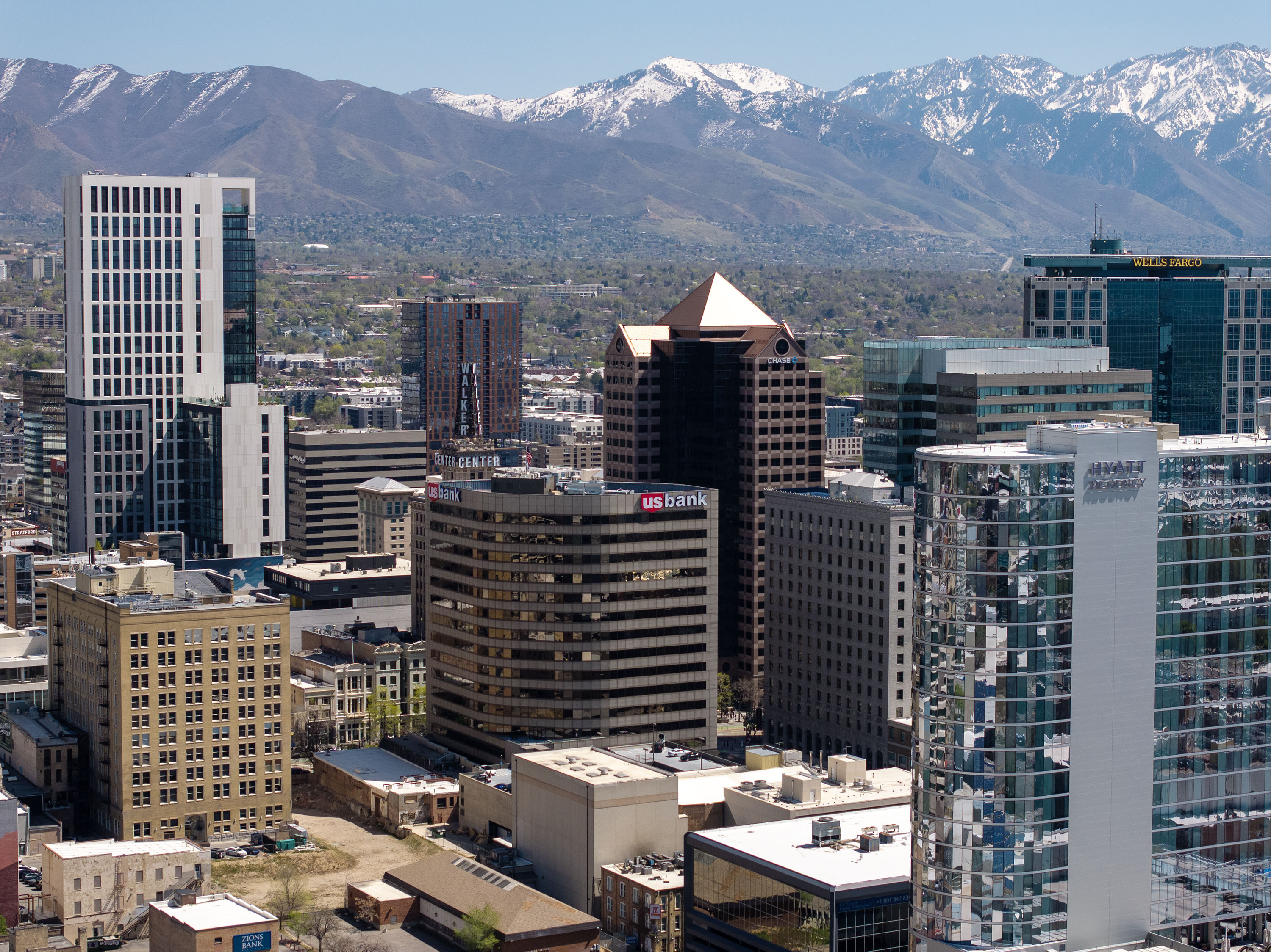 The skyline of downtown Salt Lake City is pictured on April 14, 2025.