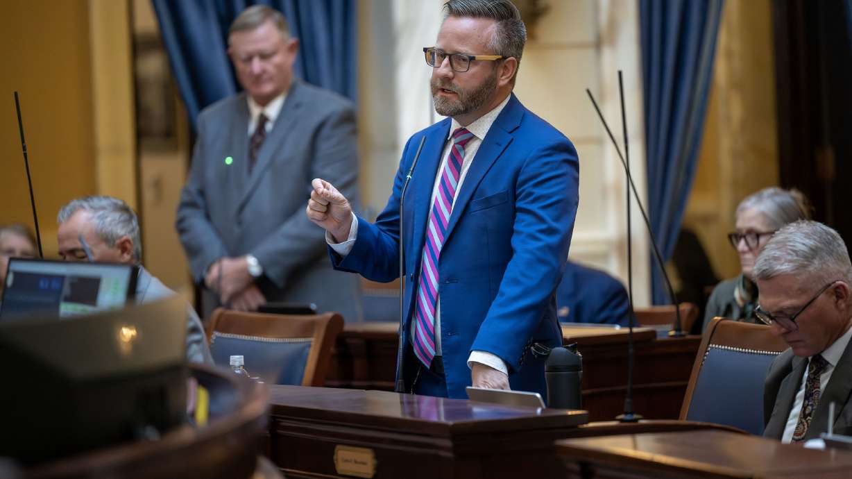 Sen. Brady Brammer, R-Highland, at the Capitol in Salt Lake City on Oct. 6, 2025. Brammer on Friday introduced a late-night change to an election bill apparently geared toward slowing the removal of signatures from a ballot initiative that would repeal Proposition 4.