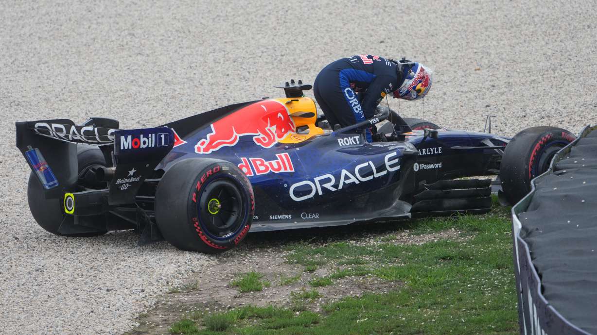Red Bull driver Max Verstappen of the Netherlands gets out of his car after a crash during the qualifying session for the Australian Formula One Grand Prix at Albert Park, in Melbourne, Australia, Saturday, March 7, 2026.