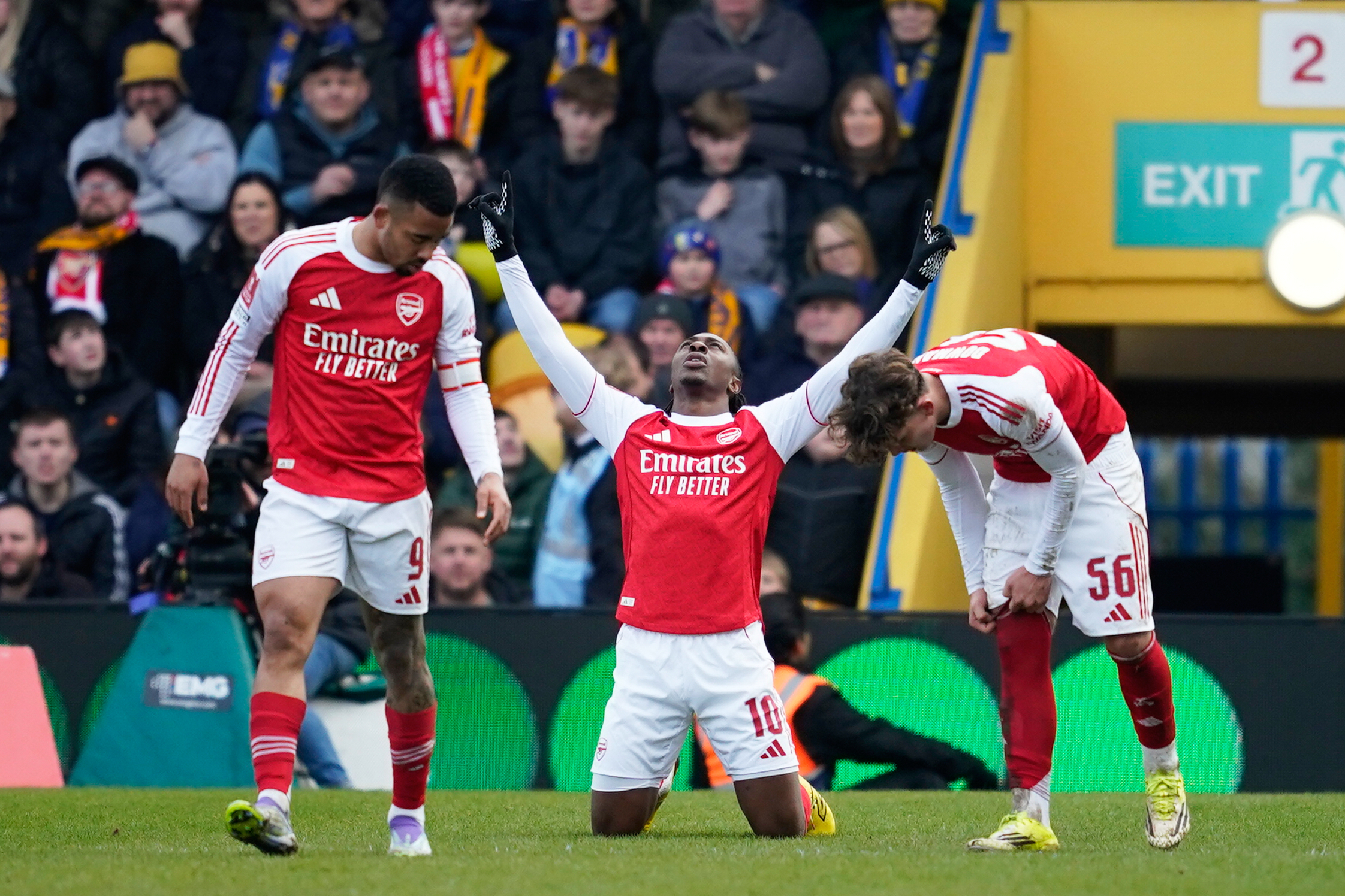Arsenal's Eberechi Eze celebrates after scoring his side's second goal during the English FA Cup soccer match between Mansfield Town and Arsenal in Mansfield, England, Saturday, March 7, 2026.