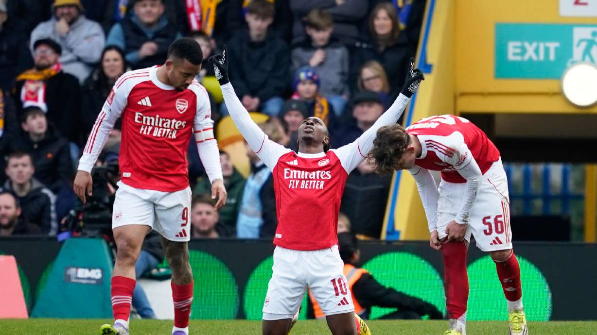 Arsenal's Eberechi Eze celebrates after scoring his side's second goal during the English FA Cup soccer match between Mansfield Town and Arsenal in Mansfield, England, Saturday, March 7, 2026.