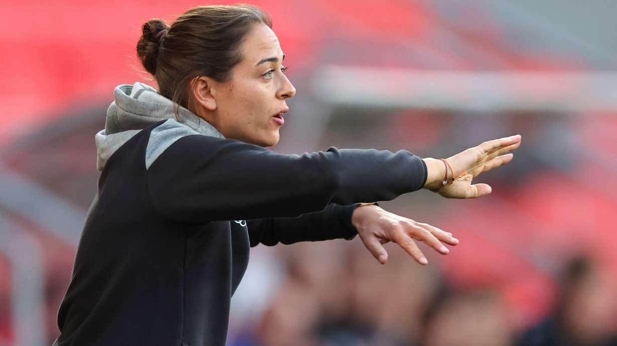 FILE - Coach Sabrina Wittmann gives instructions during the 3. Liga soccer match between FC Ingolstadt and SV Waldhof Mannheim, in Ingolstadt, on May 5, 2024.
