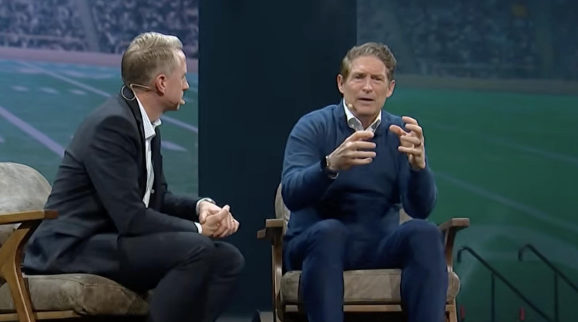 Steve Young speaks with Kirby Heyborne during his keynote address for RootsTech, a family history conference in Salt Lake City, on Saturday.