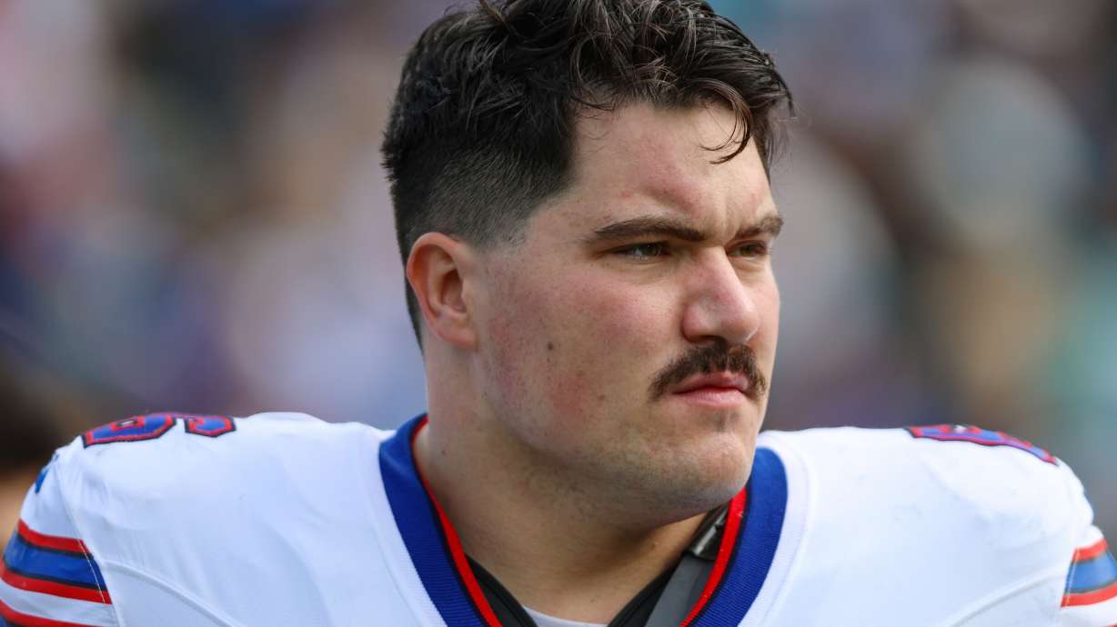 FILE - Buffalo Bills center Connor McGovern (66) walks the sideline before facing the Jacksonville Jaguars in an NFL wild card playoff football game, Sunday, Jan. 11, 2026, in Jacksonville, Fla. The Bills defeated the Jaguars 27-24.