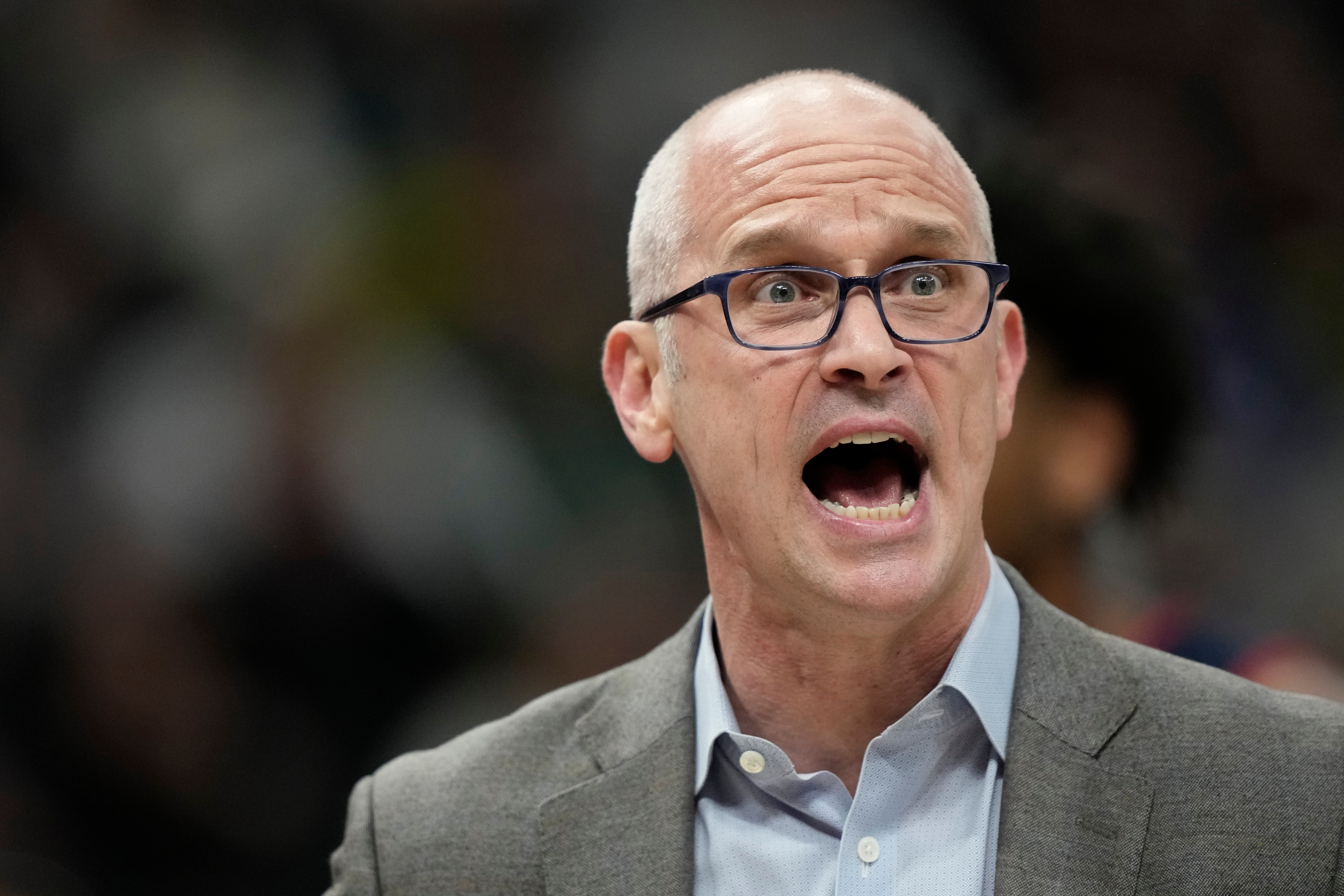 UConn head coach Dan Hurley reacts during the first half of an NCAA college basketball game against Marquette, Saturday, March 7, 2026, in Milwaukee. 