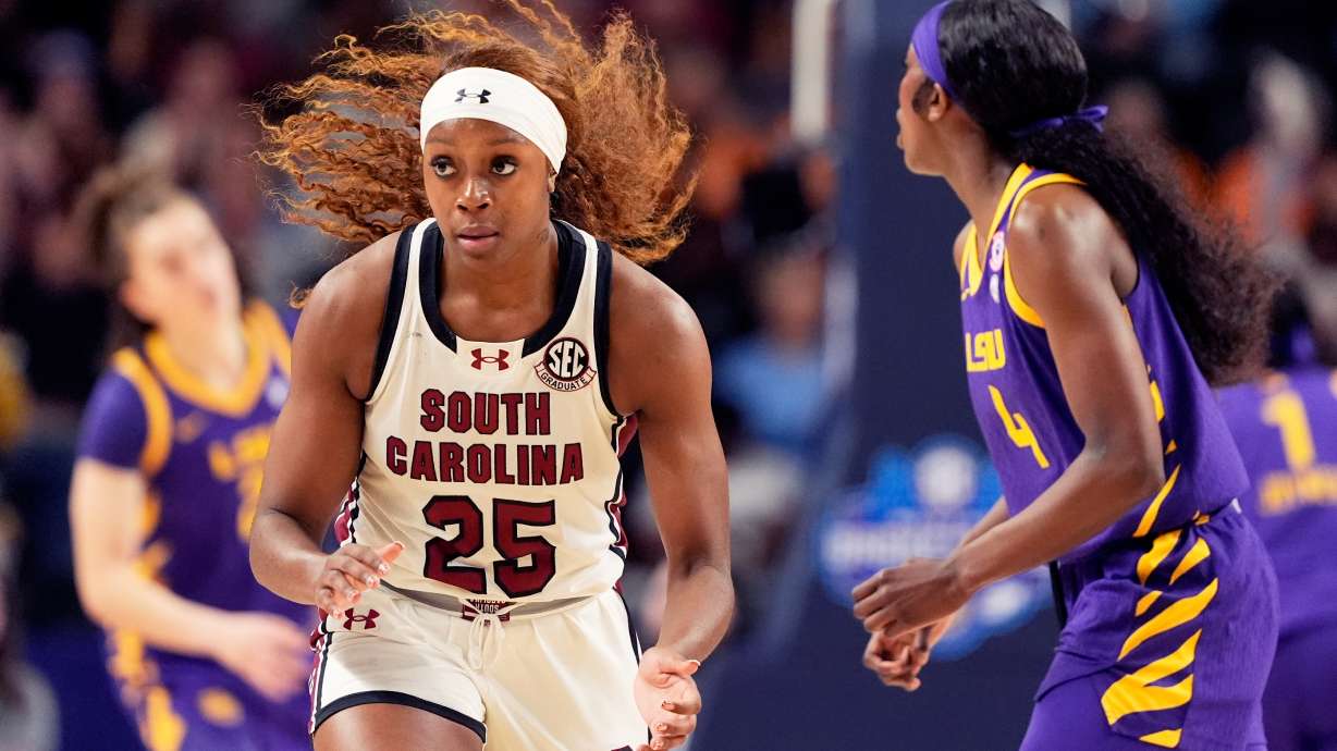 South Carolina guard Raven Johnson celebrates after scoring against LSU during the first half of an NCAA college basketball game in the semifinals of the Southeastern Conference tournament, Saturday, March 7, 2026, in Greenville, S.C.